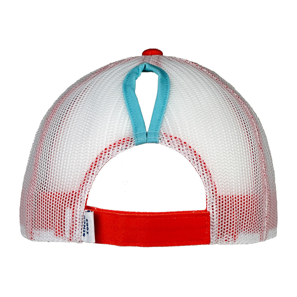 Ladies Cursive Stripe Pony Tail Trucker Hat