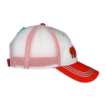 Ladies Cursive Stripe Pony Tail Trucker Hat